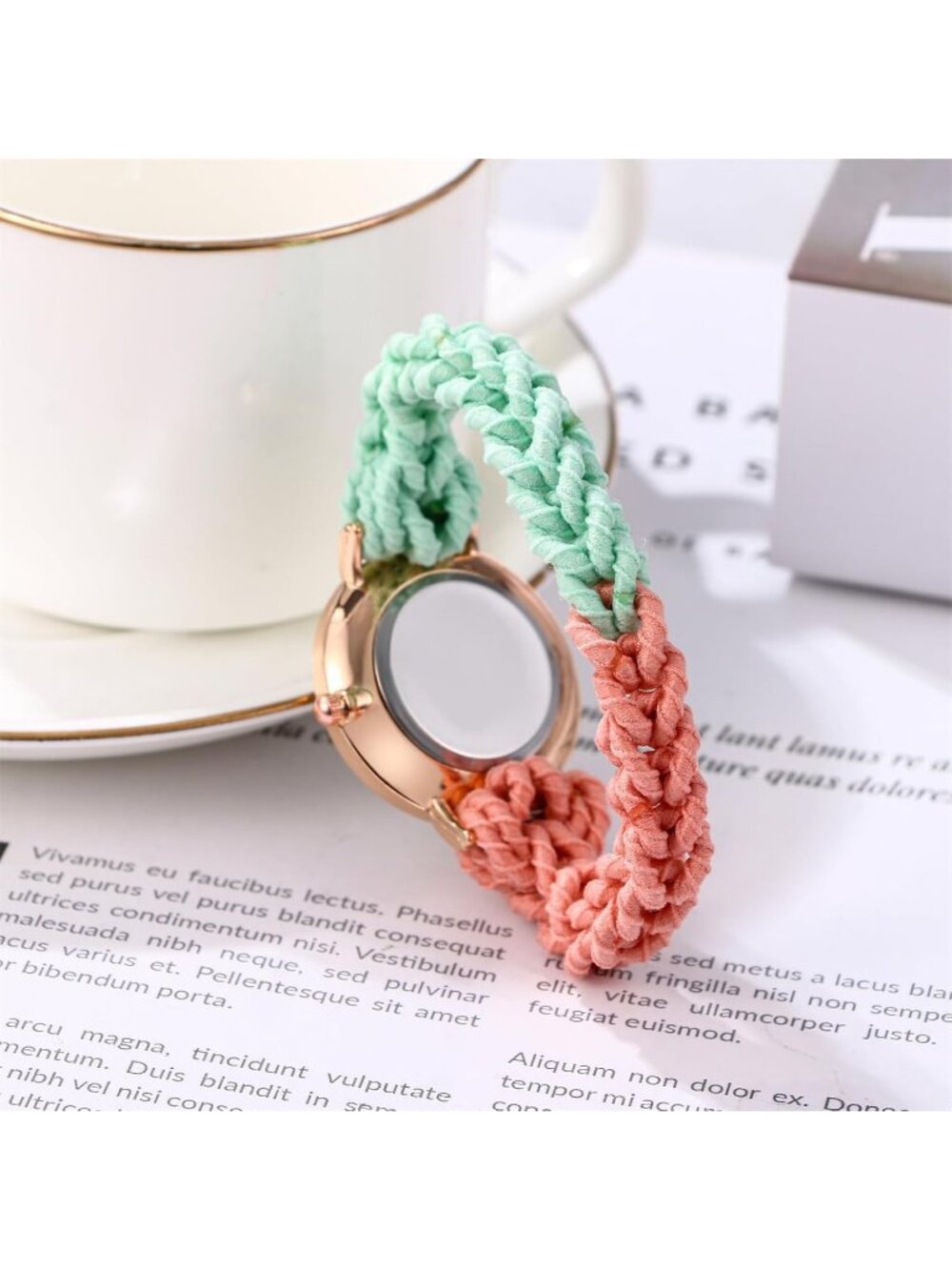 Women's Green Orange Analog Stretch Band Elastic Colorful Weave Rope Wrist Watch - Picture 3 of 6